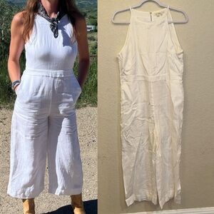 Boden Size 10 Petite White 100% Linen Halterneck Wide Leg Workwear Jumpsuit